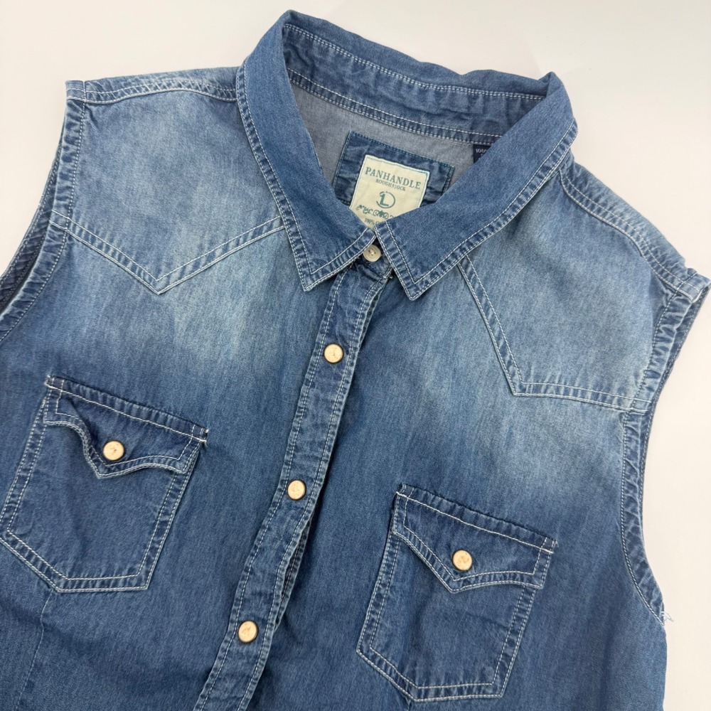 Panhandle Rough Stock Denim Dress Womens L Blue Sleeveless‎ Western Snap Belted